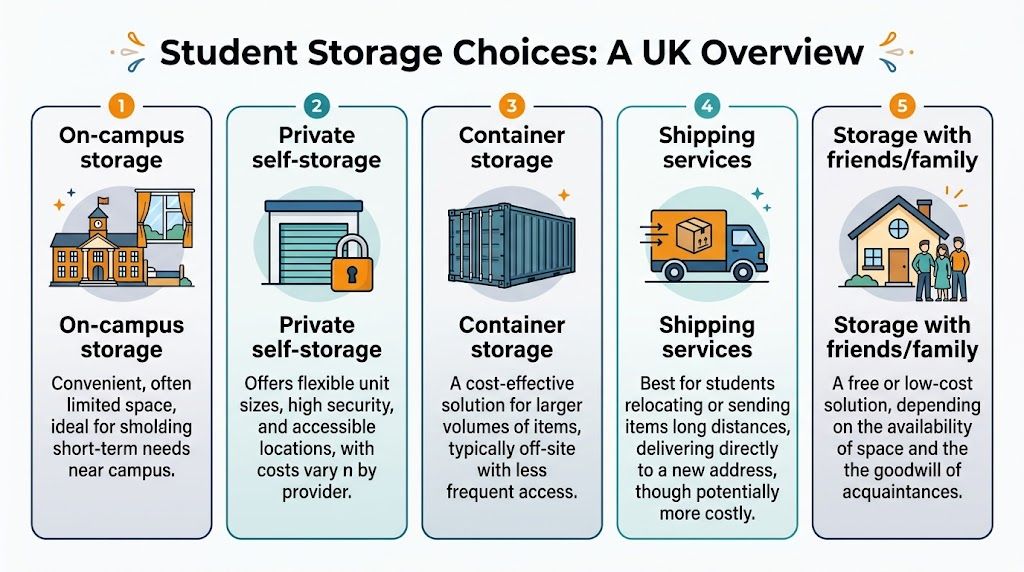 An infographic titled Student Storage Choices: A UK Overview presenting five different storage options for students.