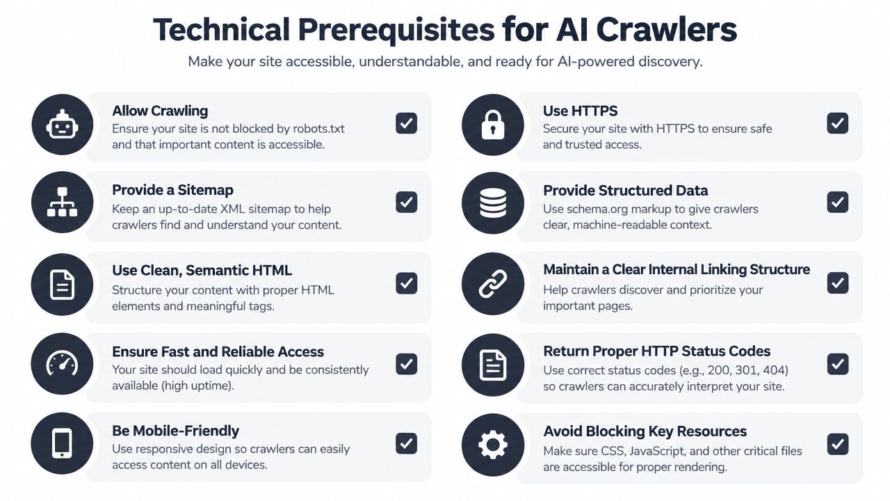 An infographic titled Technical Prerequisites for AI Crawlers listing ten essential steps for website optimization.