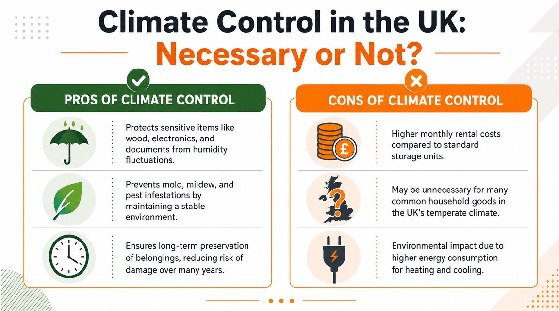 A comparison infographic showing the pros and cons of using climate controlled storage units in the UK.