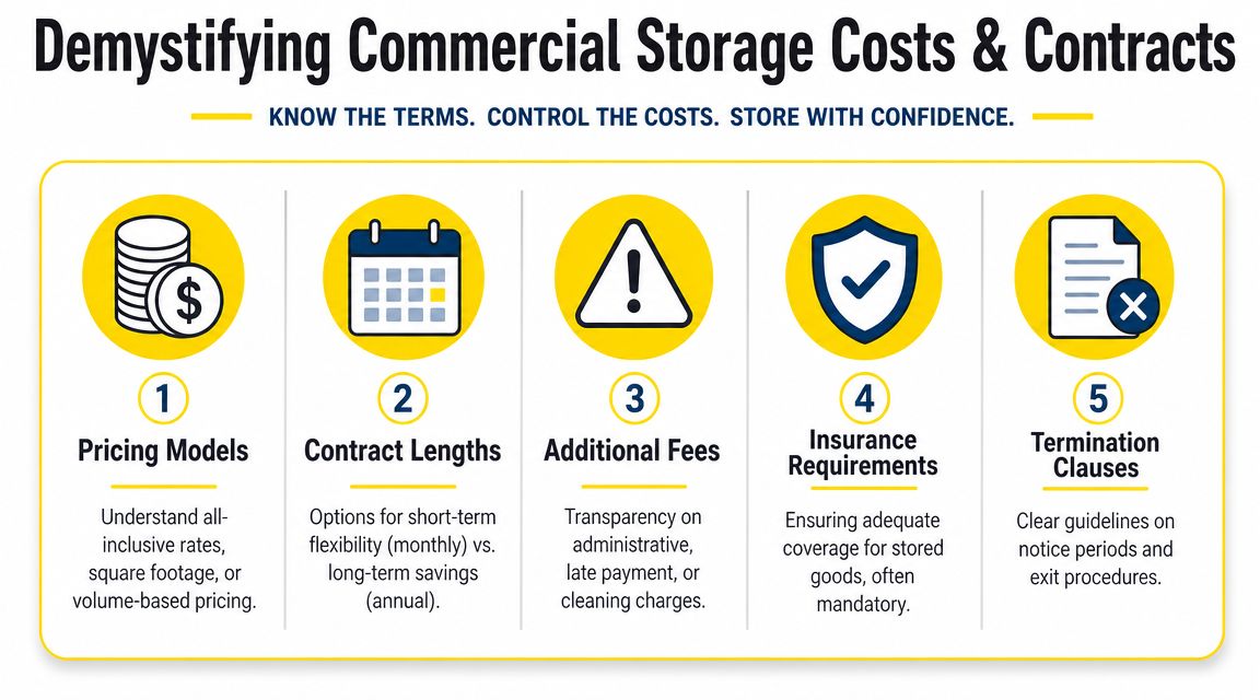 An infographic titled Demystifying Commercial Storage Costs and Contracts, illustrating five key factors for commercial storage agreements.