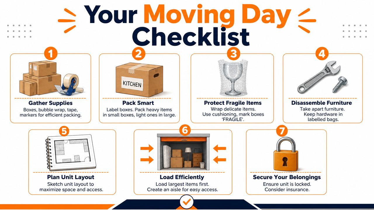 A seven-step infographic titled Your Moving Day Checklist guiding you on how to pack and store belongings.