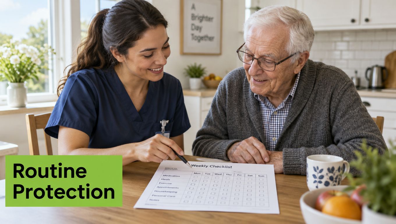 A caregiver helping an elderly man review a weekly checklist to support falls prevention at home.