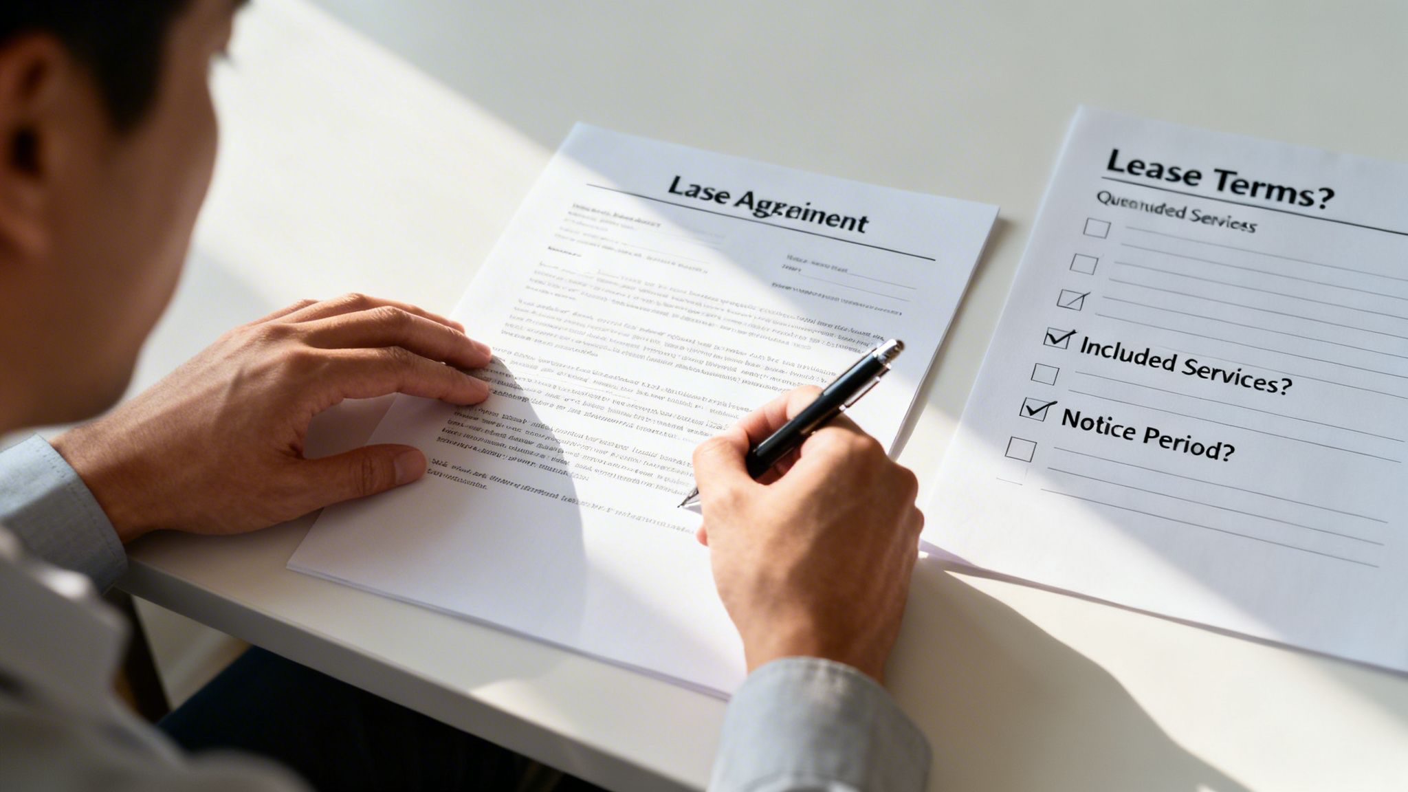 A professional man sitting at a desk reviewing and signing a lease agreement document in an office.