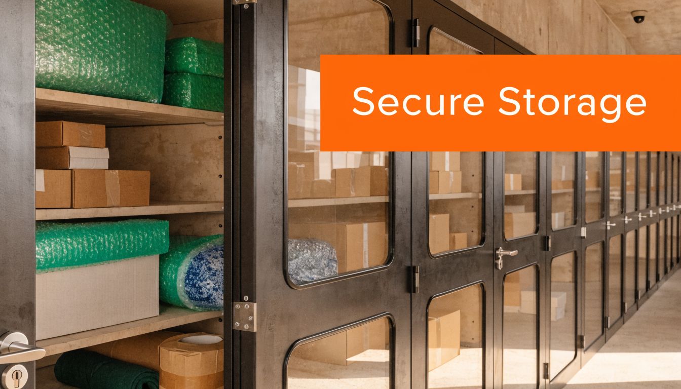 Rows of secure storage units with glass doors containing stacked cardboard boxes and wrapped items.