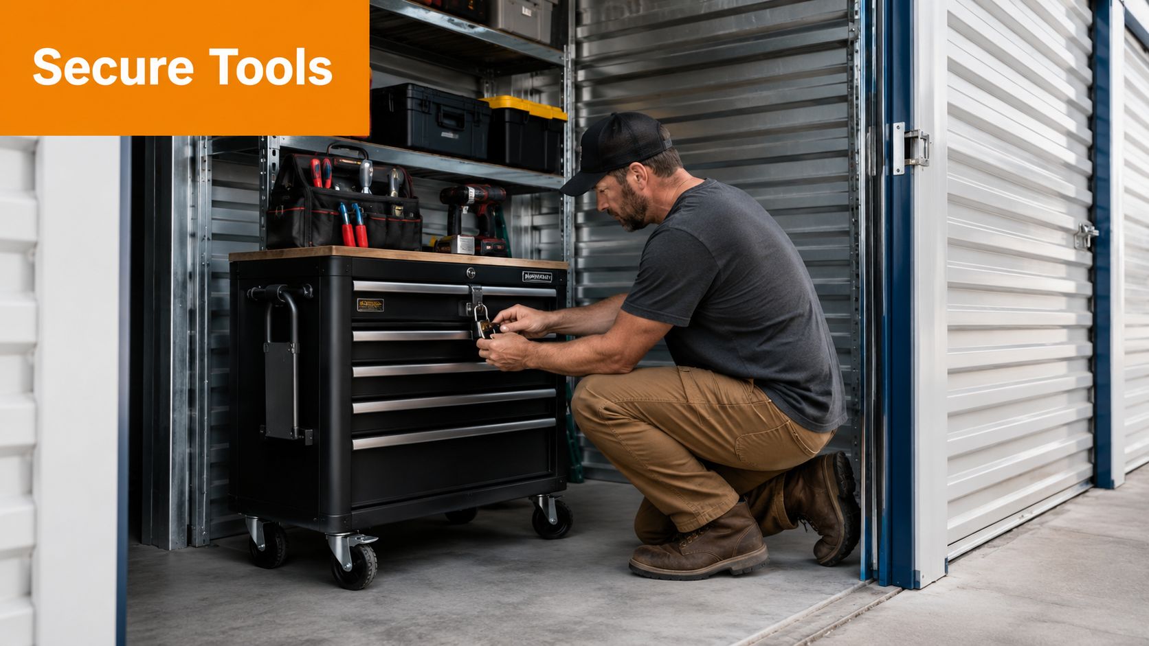 A tradesperson kneeling inside a storage unit securing his professional metal toolbox with a padlock.