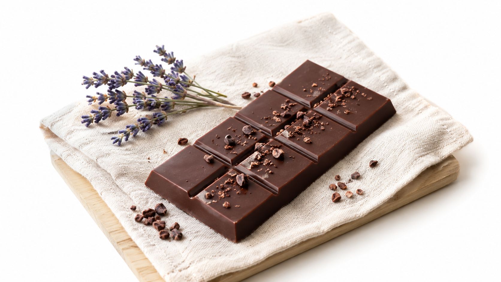 A gourmet dark chocolate bar sprinkled with cocoa nibs next to fresh lavender sprigs on linen cloth.