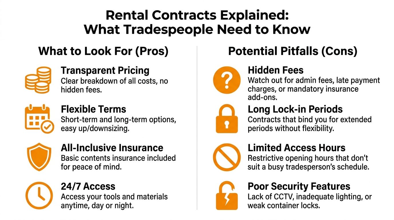 An infographic titled Rental Contracts Explained: What Tradespeople Need to Know, detailing key pros and cons.