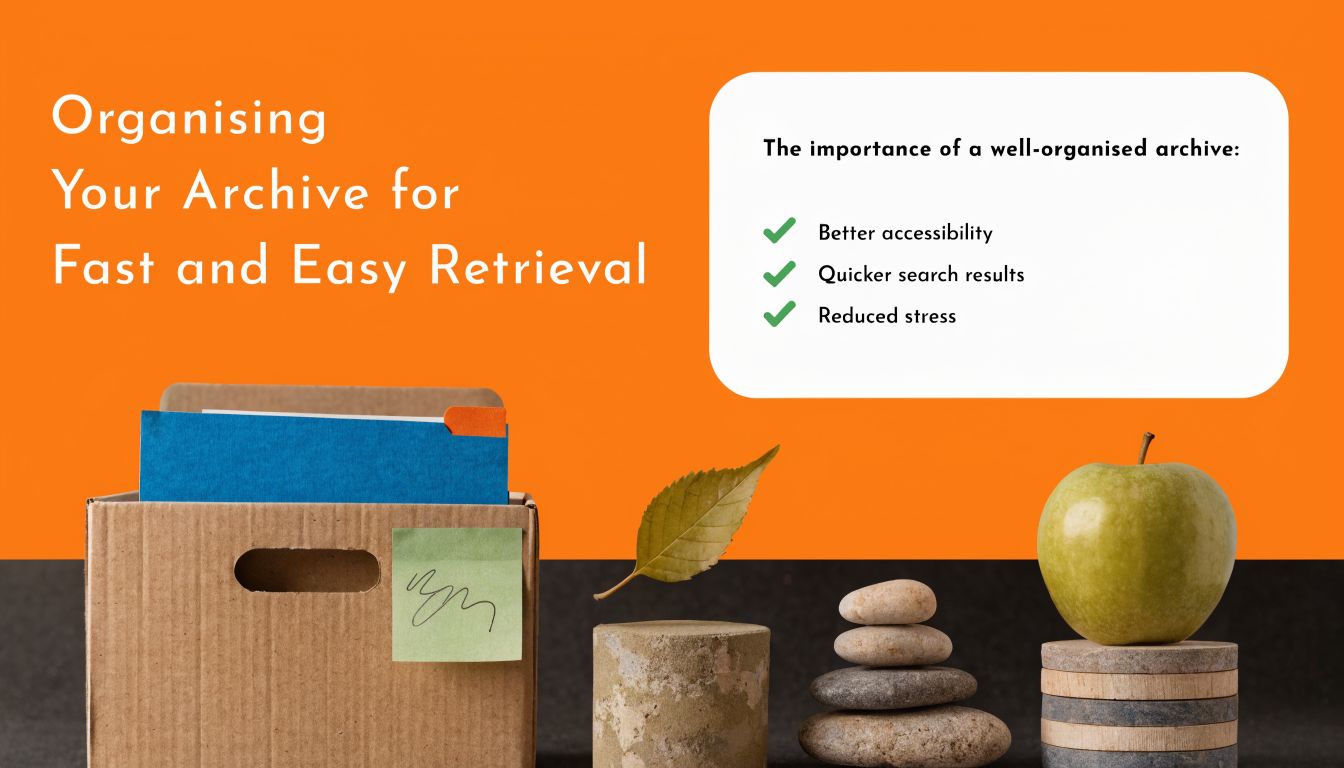 A cardboard box of files beside a leaf, stacked stones, and an apple against an orange background.