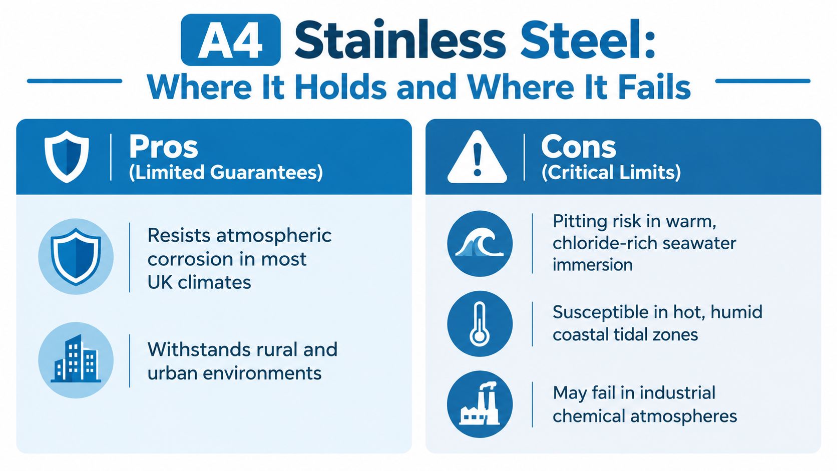 A comparison chart showing the advantages and disadvantages of A4 stainless steel for different environmental conditions.