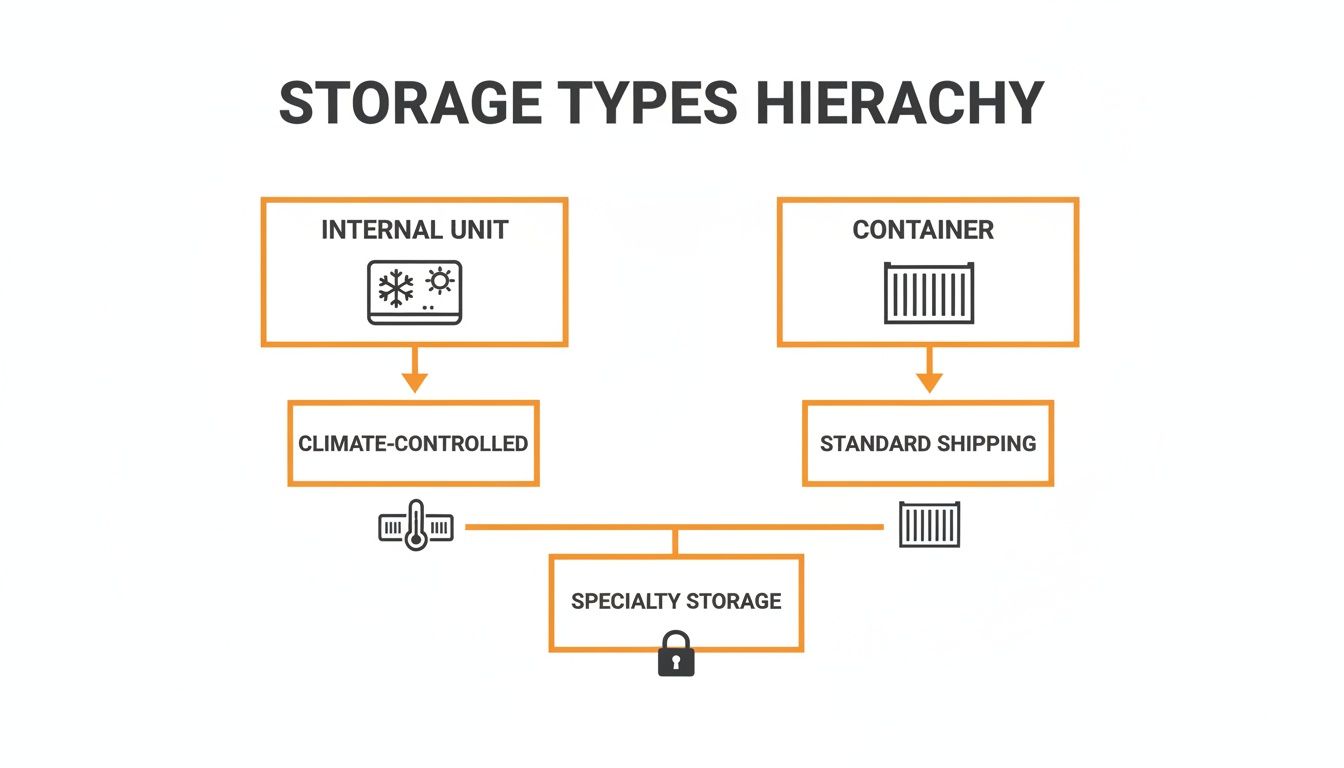A flowchart illustrating storage types hierarchy: internal unit, container, climate-controlled, standard shipping, and specialty storage.