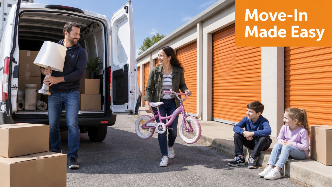 A happy family unloading boxes, a lamp, and a bicycle at a drive-up self-storage facility.