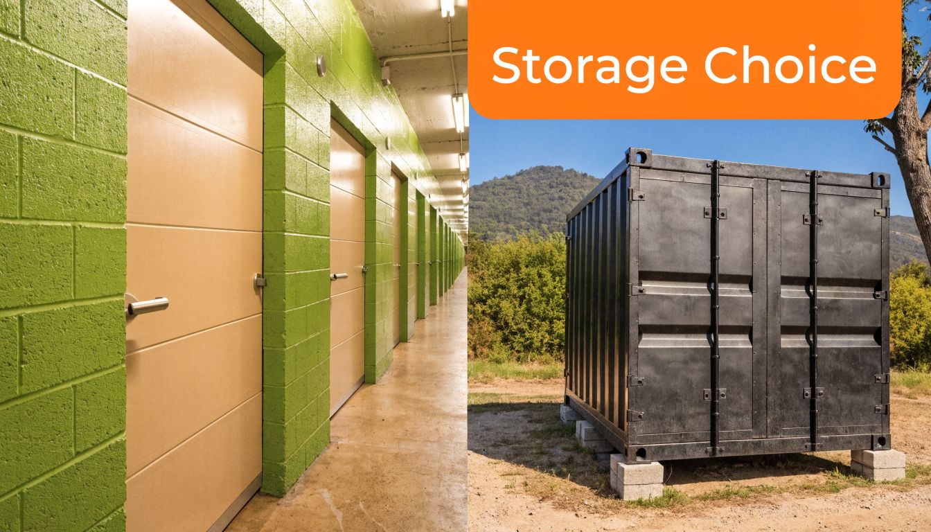 A split screen comparing indoor storage facility hallway with an outdoor metal storage shipping container.