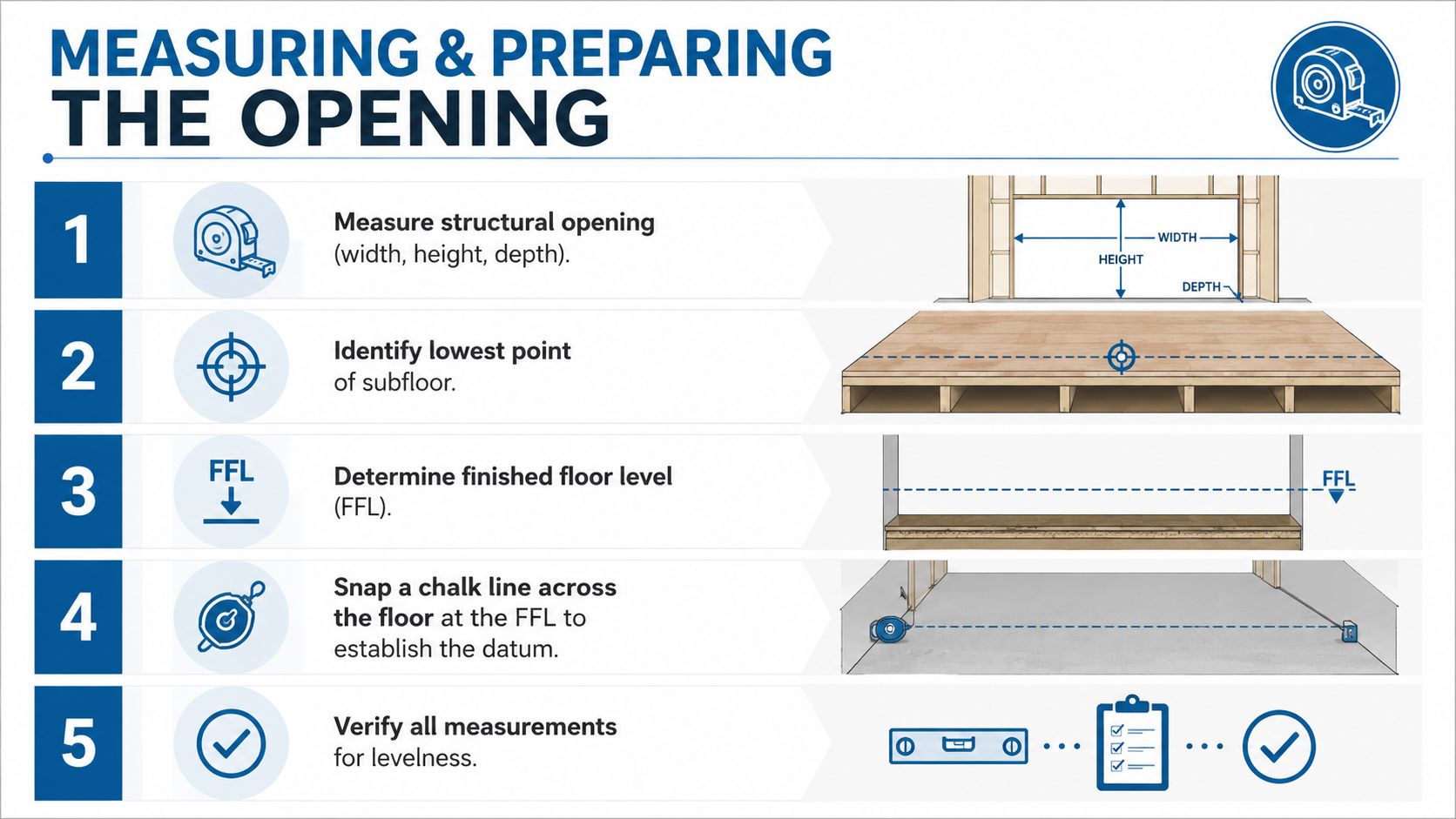 A step-by-step infographic illustrating how to measure and prepare a structural floor opening for installation.