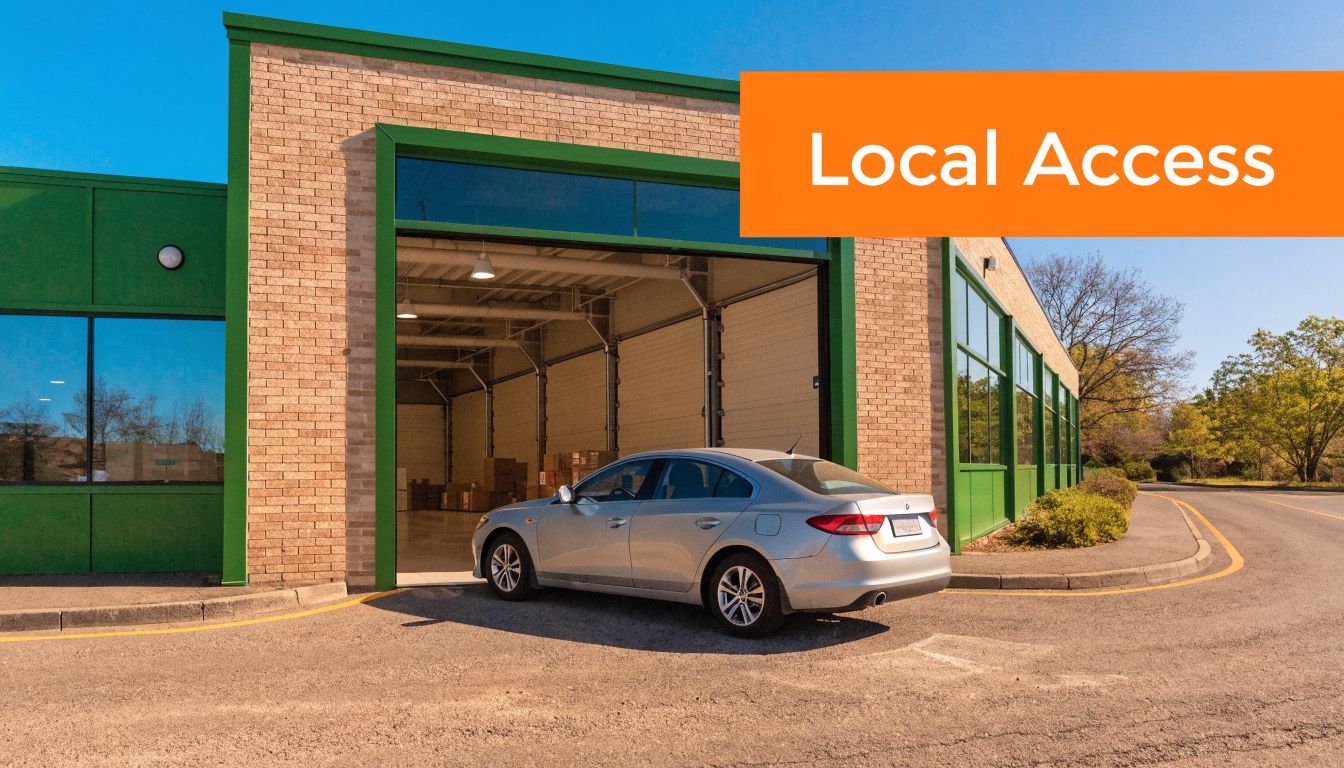 A silver sedan car parked outside the entrance of a modern warehouse storage facility with brick walls.