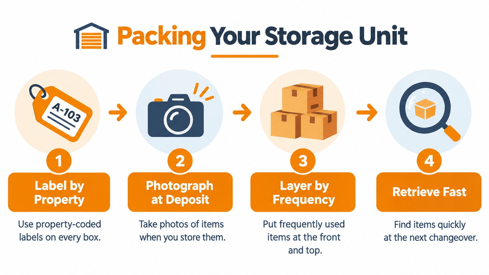 An infographic showing a four-step guide for efficiently packing and organizing items in a storage unit.