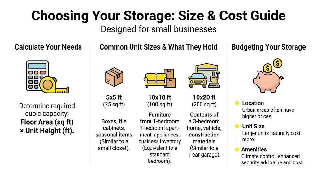 An infographic titled Choosing Your Storage guide explaining how to calculate space and choose unit sizes.