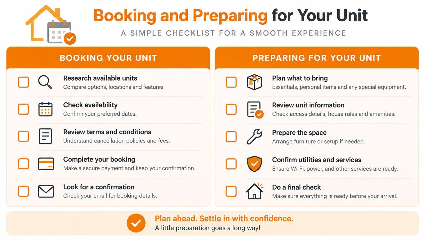 A checklist infographic titled Booking and Preparing for Your Unit, outlining steps for securing and setting up storage.