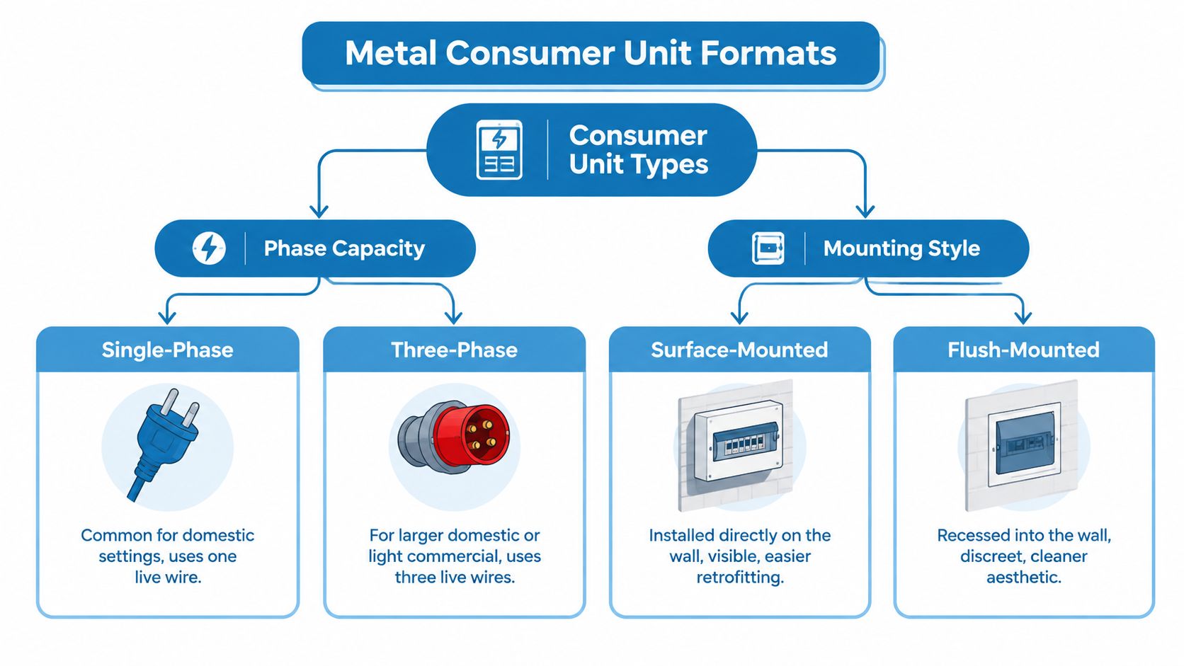 A diagram illustrating the different types of metal consumer units based on phase capacity and mounting style.