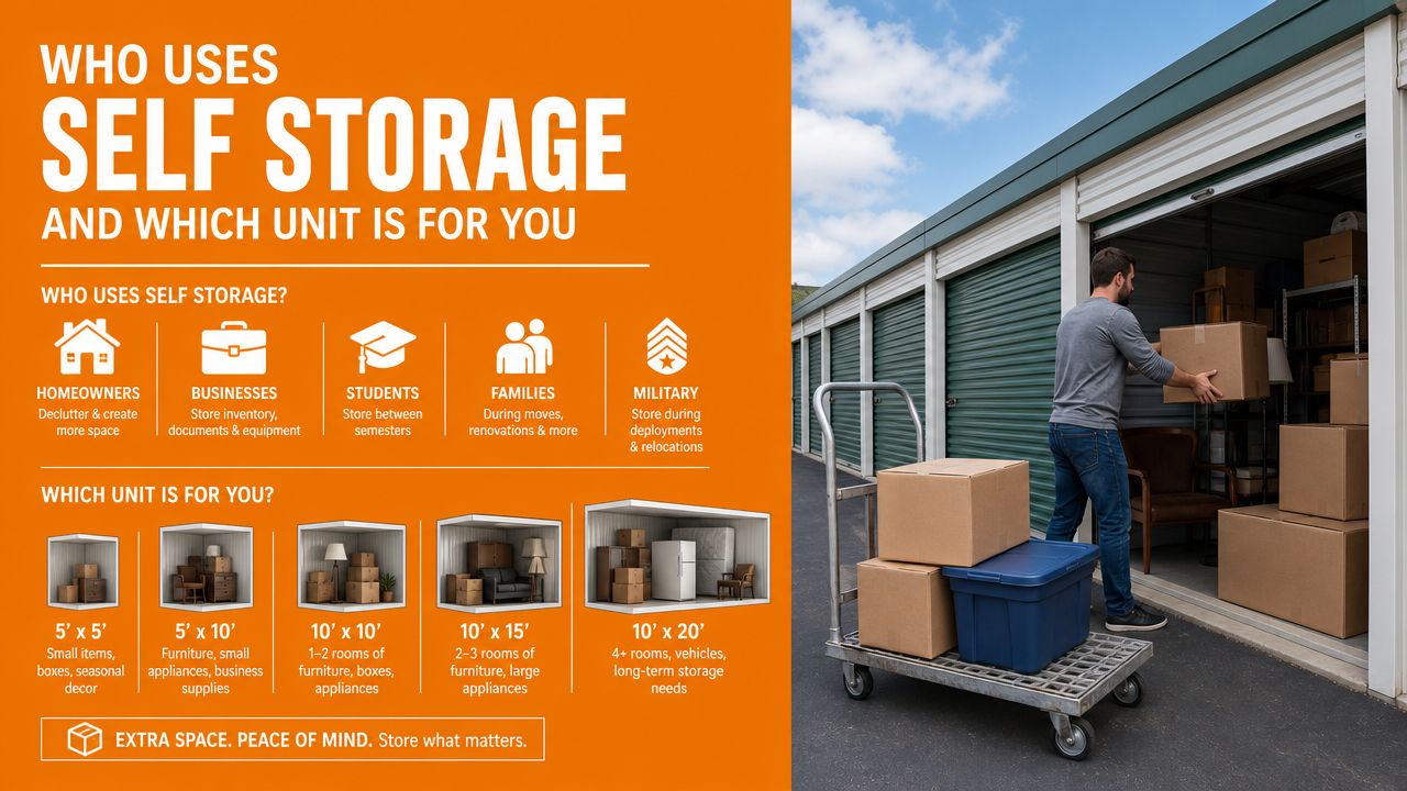An infographic showing who uses self storage and size options, next to a man moving boxes.