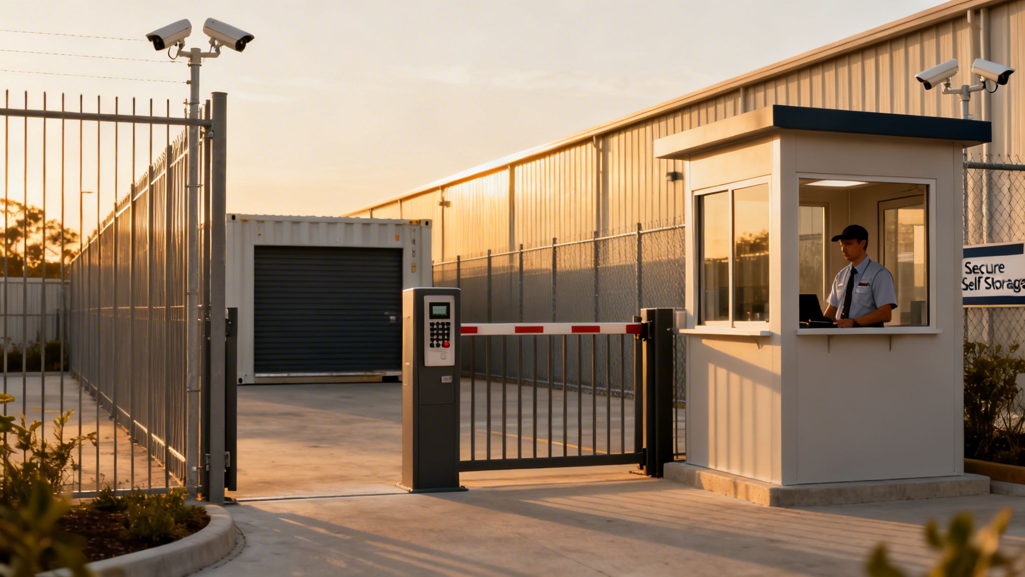 A secure self-storage facility entrance at sunset, with a guard booth, gate, keypad, and security cameras.