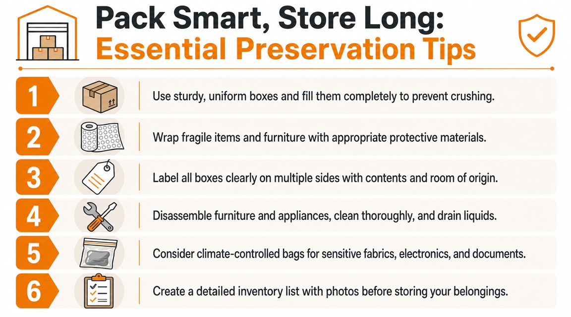 An infographic titled Pack Smart, Store Long featuring six essential tips for organizing and preserving items in storage.