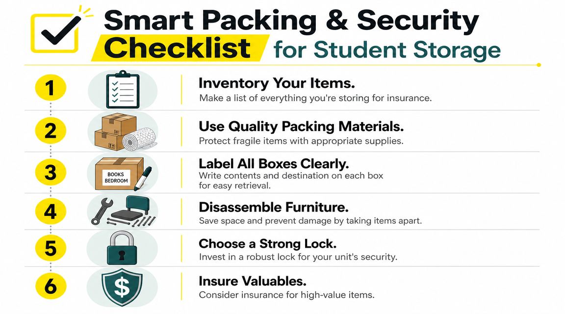 A six-step infographic guide detailing smart packing and security tips for student storage unit preparation.