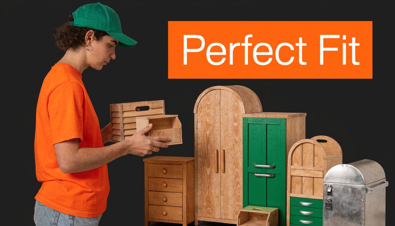 A person in an orange shirt holding a wooden box next to various storage furniture models.