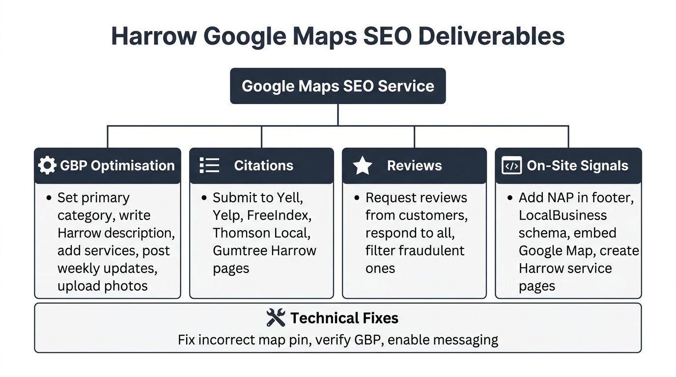 A diagram outlining the key components of a Google Maps SEO service strategy for Harrow businesses.