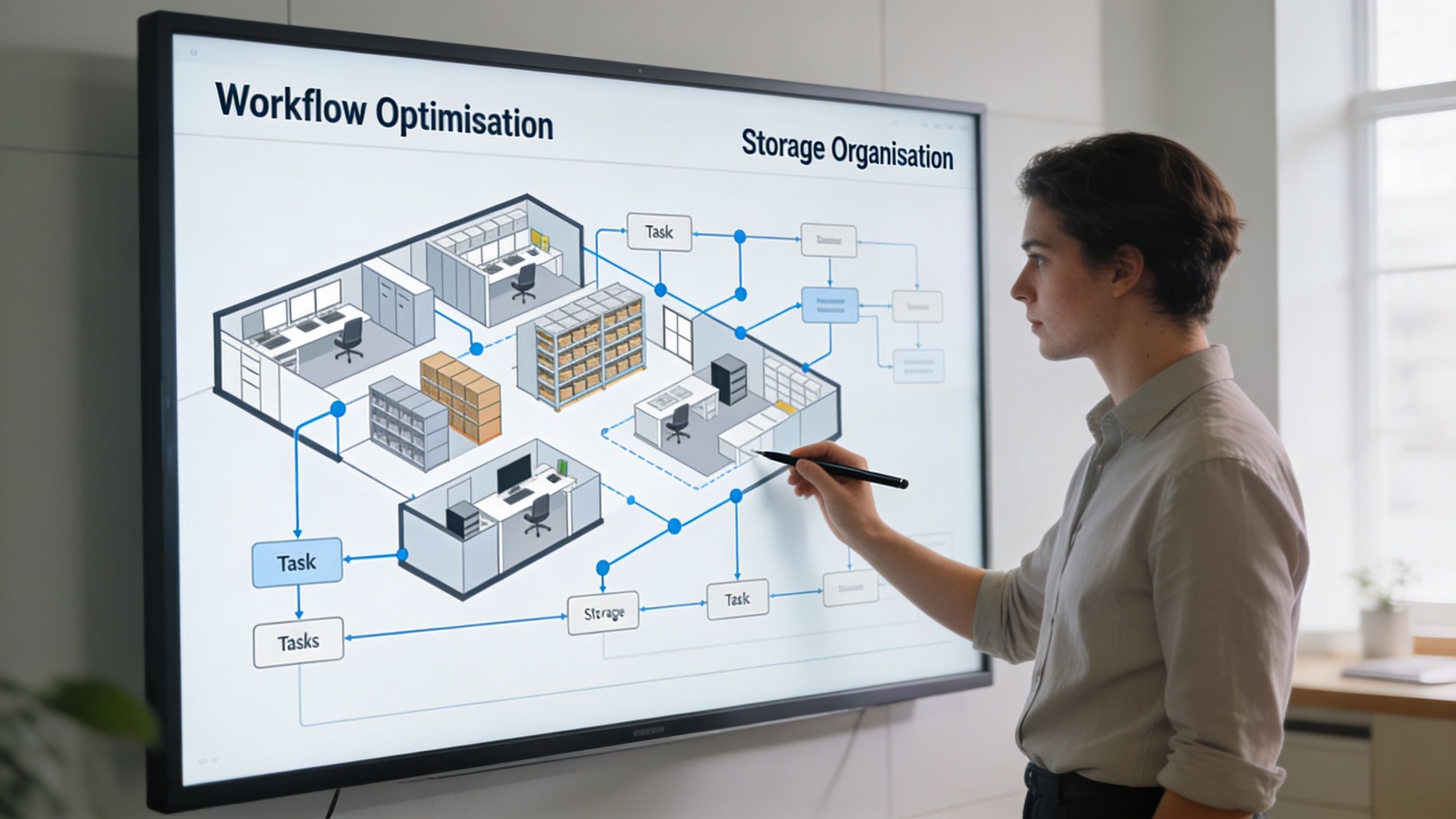 A professional working on an interactive digital whiteboard displaying an office space storage workflow diagram.