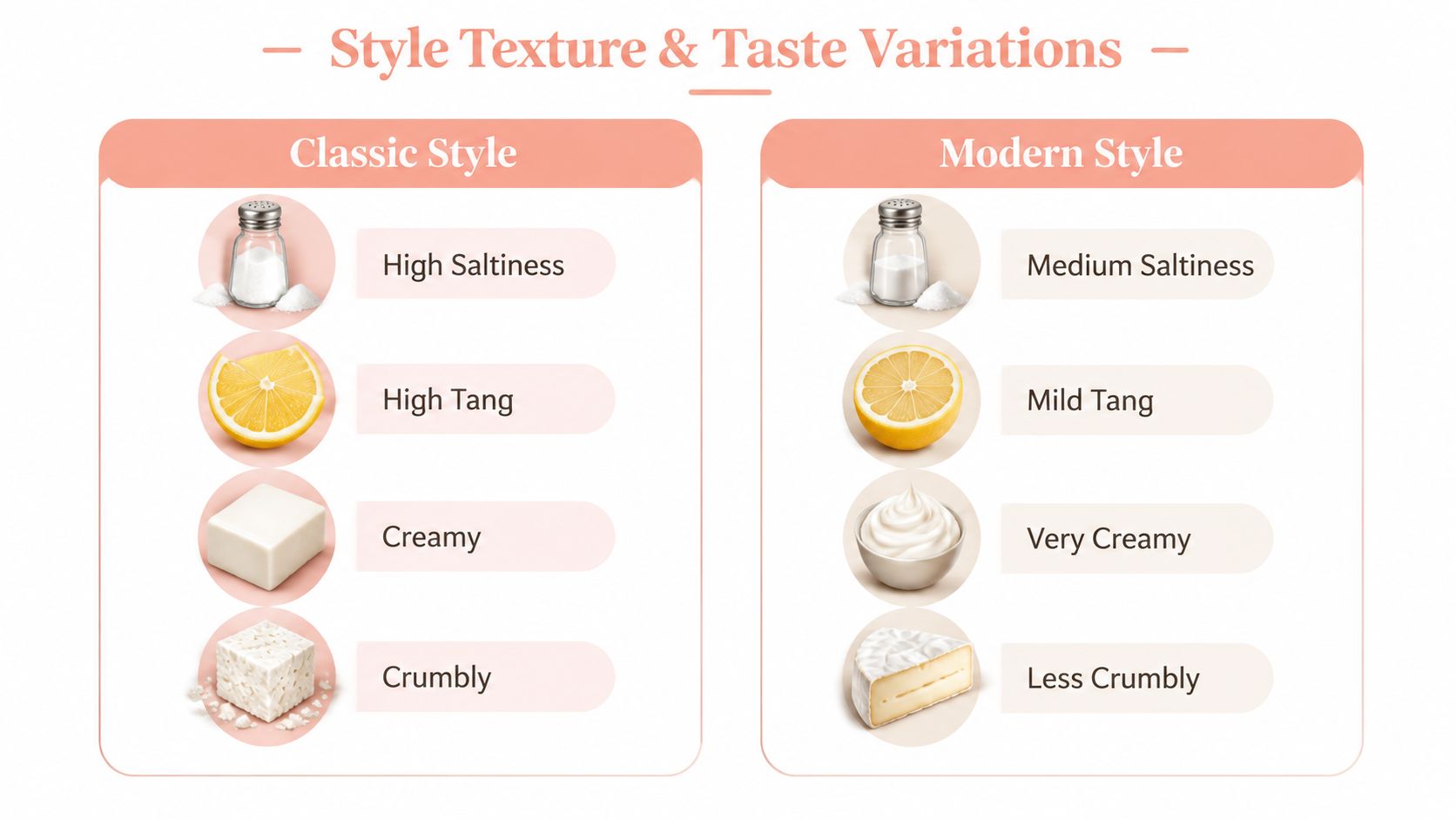 A comparison chart showing classic and modern style texture and taste variations for dairy free feta.