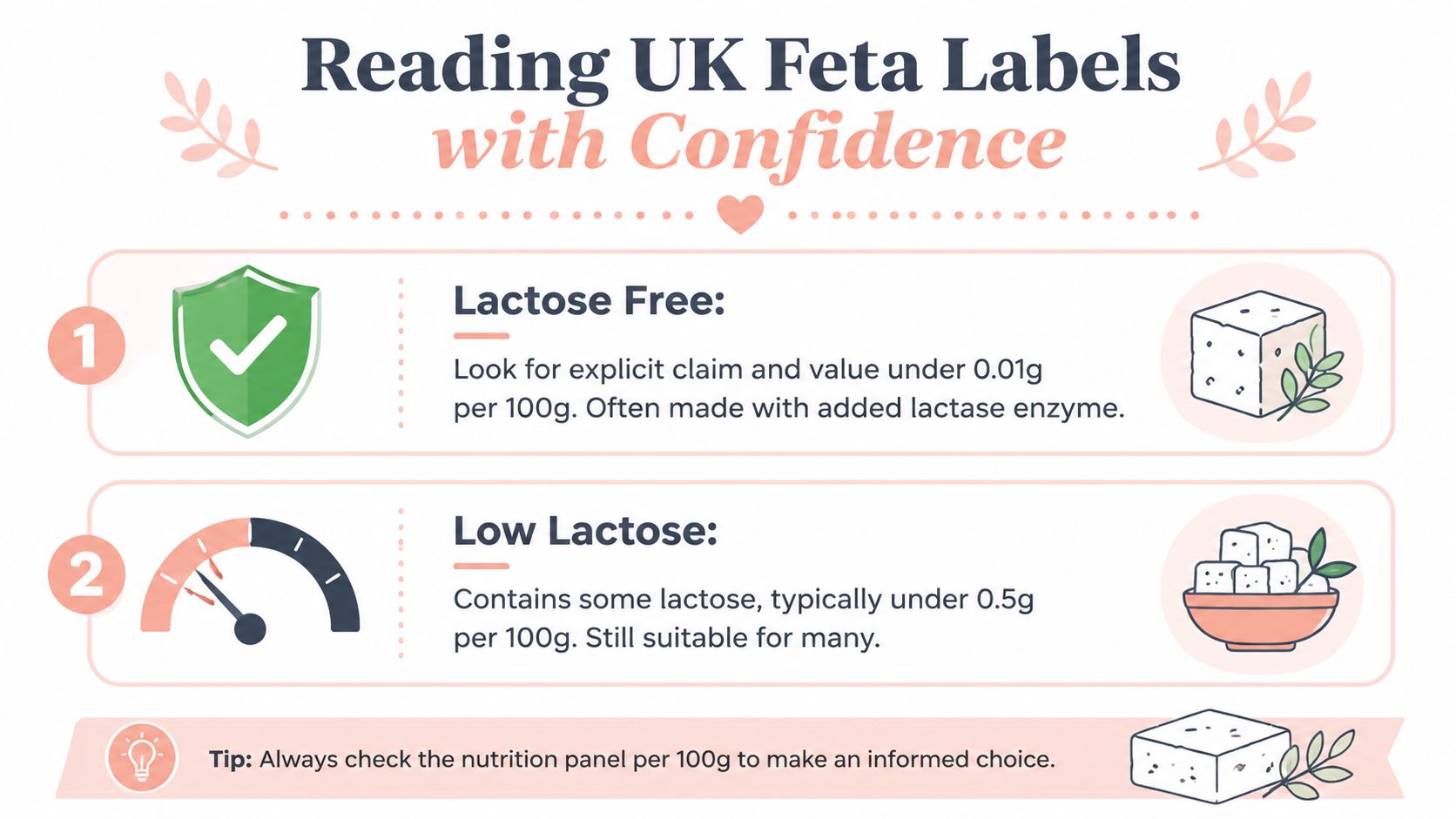 An infographic titled Reading UK Feta Labels with Confidence explaining lactose free and low lactose cheese labels.
