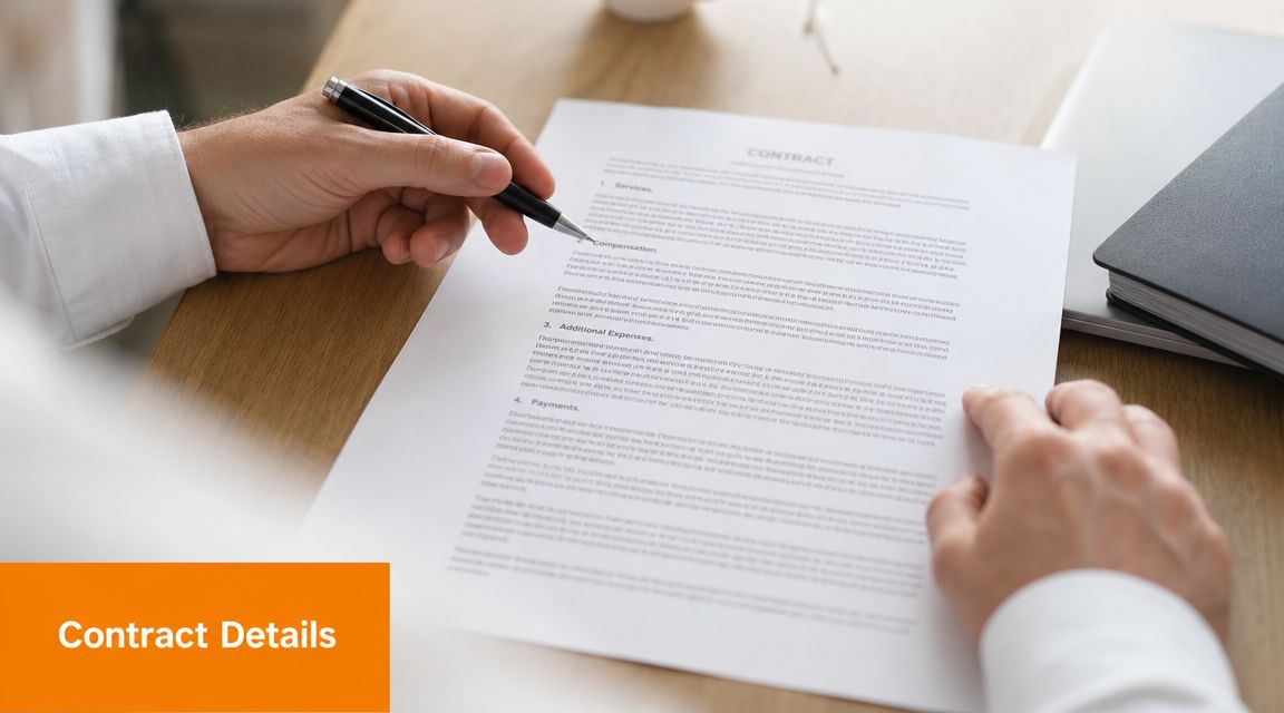 A professional holding a pen while reviewing a printed contract document on a wooden office desk.