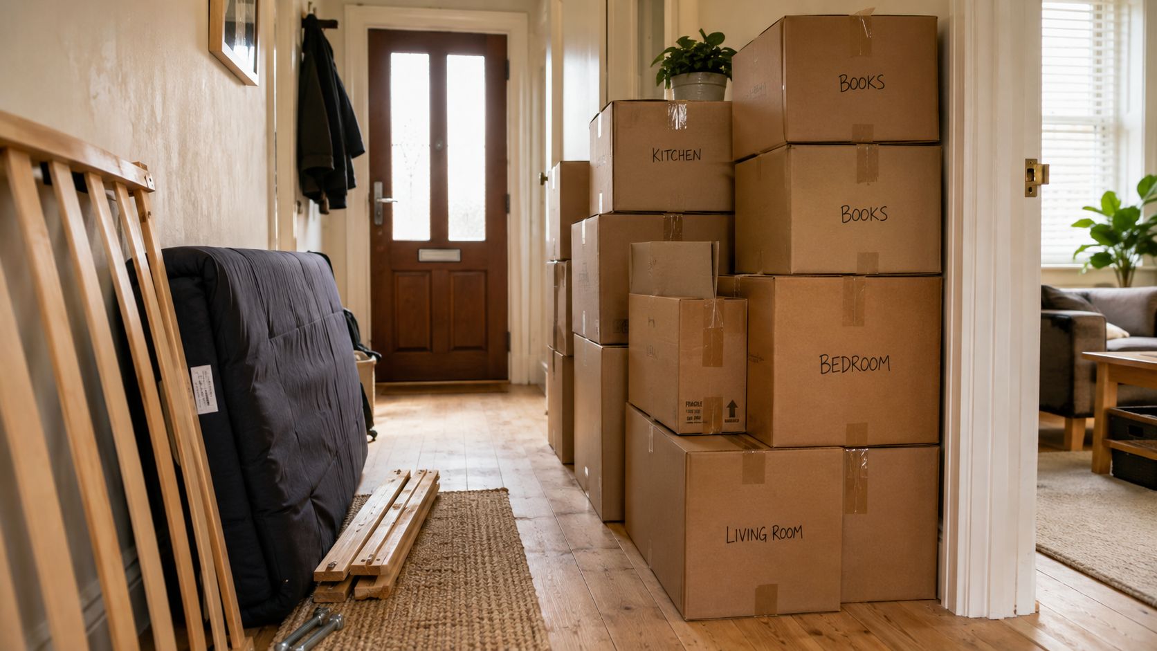 A stack of brown cardboard moving boxes labeled with room names in a residential hallway during relocation.