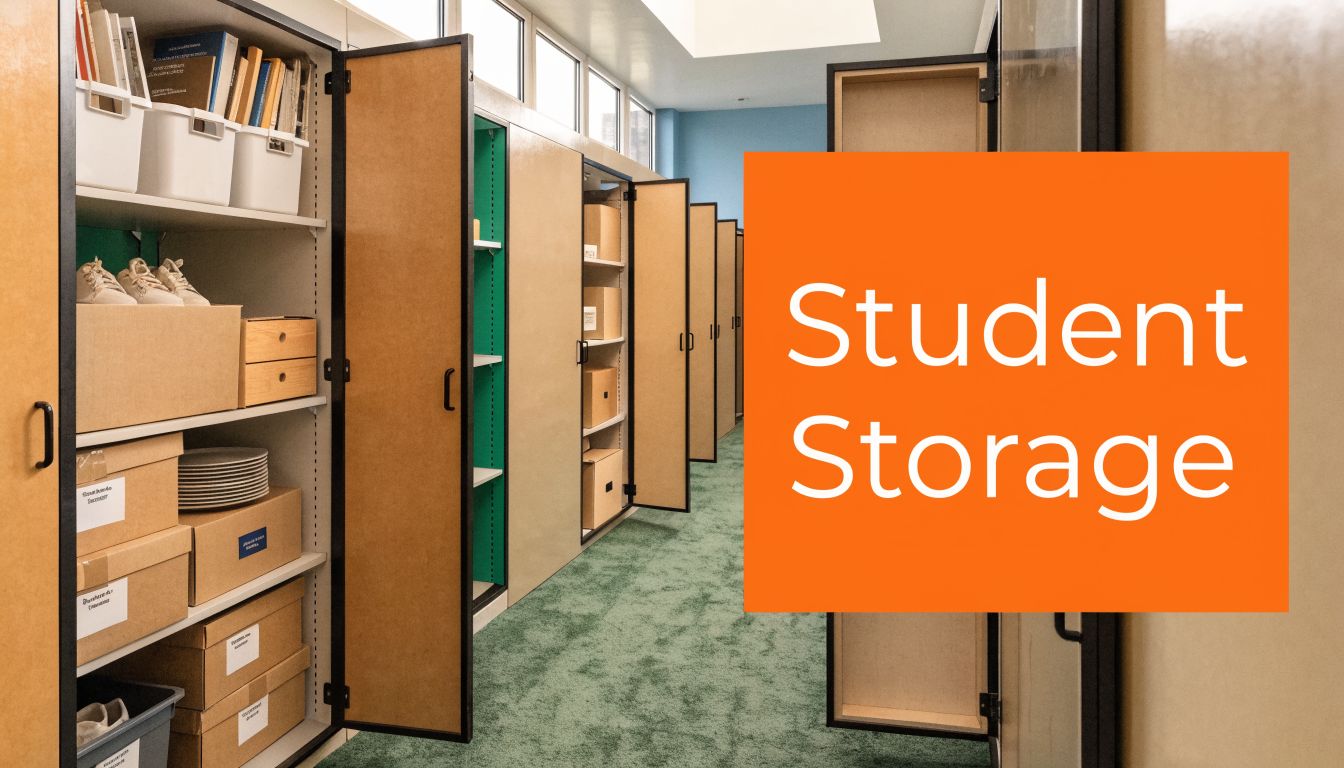 A row of wooden lockers in a student storage room with green carpet and skylights.
