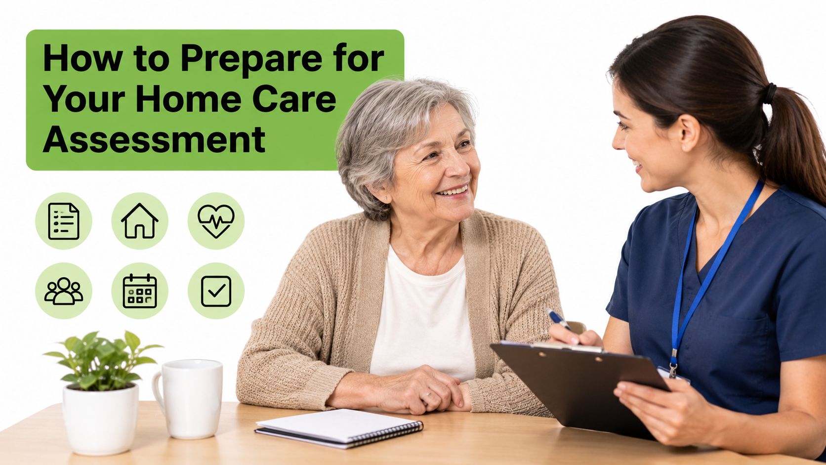 A friendly caregiver interviewing an elderly woman at a wooden table during a home care assessment.