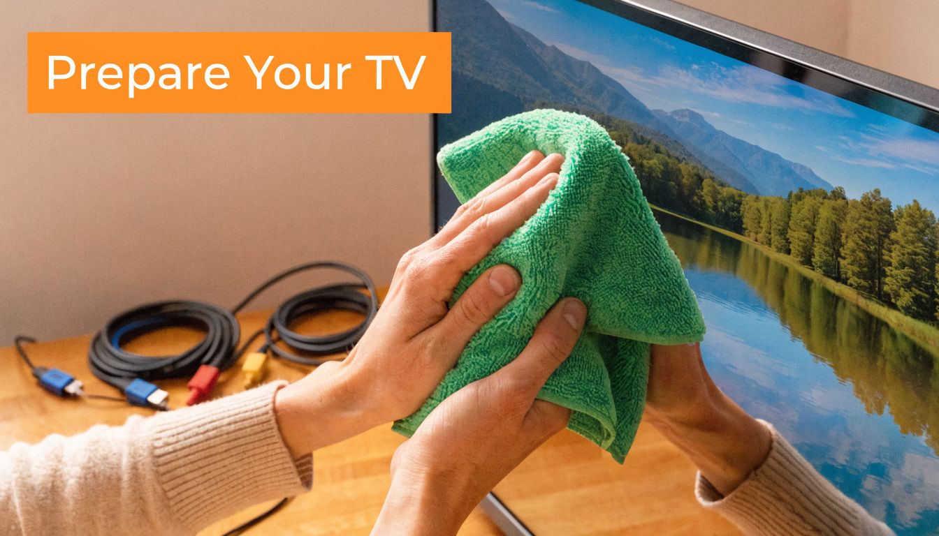 A person cleaning a television screen with a green microfiber cloth before packing the device.