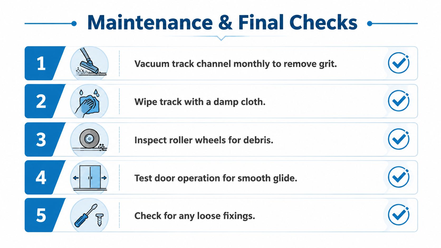 A checklist infographic illustrating five maintenance steps for cleaning and inspecting sliding door tracks and rollers.