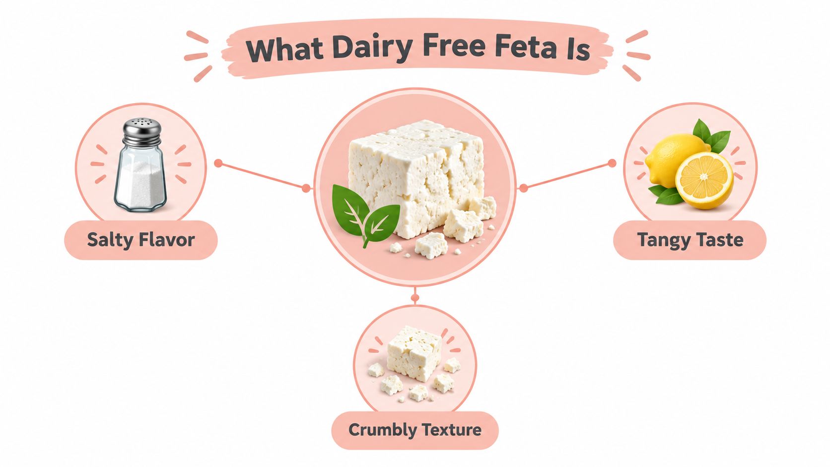 An infographic illustrating that dairy-free feta features a salty flavor, tangy taste, and a crumbly texture.