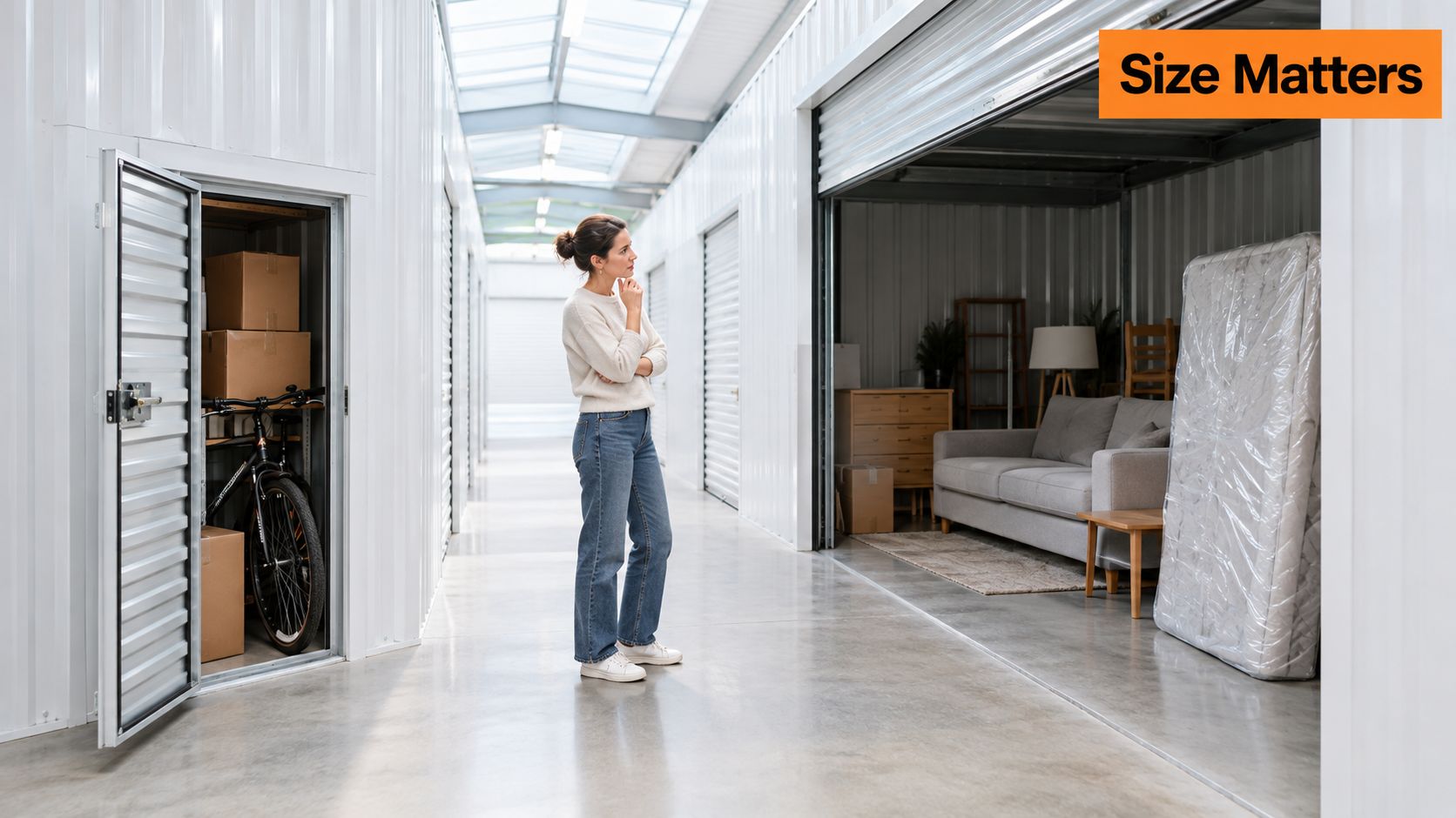 A thoughtful woman stands in a bright self-storage facility comparing unit sizes for moving house items.