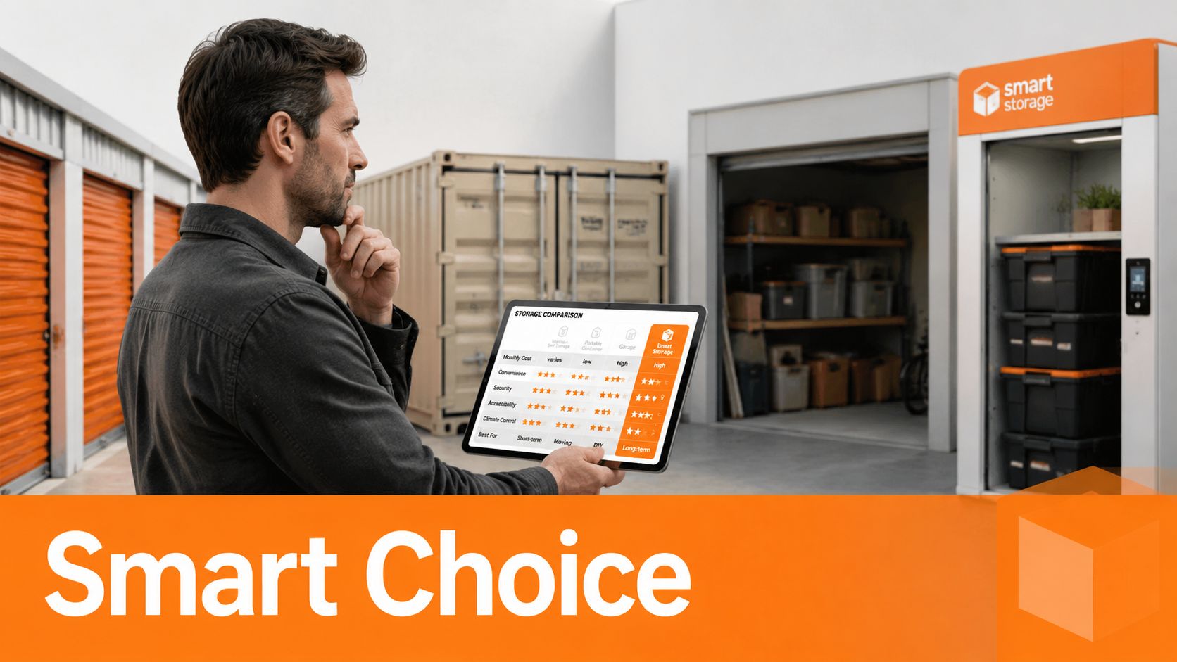 A man in a storage facility reviewing a digital comparison chart of different storage service options.