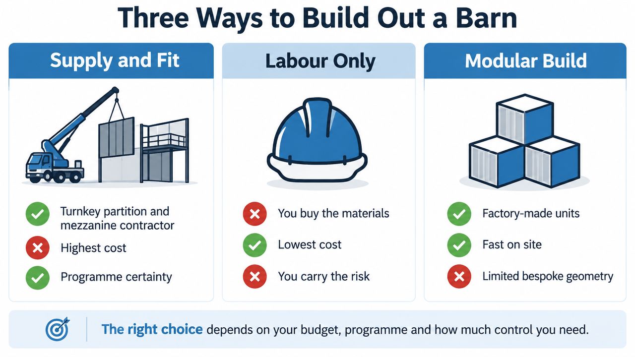 A comparison chart outlining three methods for barn conversion: Supply and Fit, Labour Only, and Modular Build.