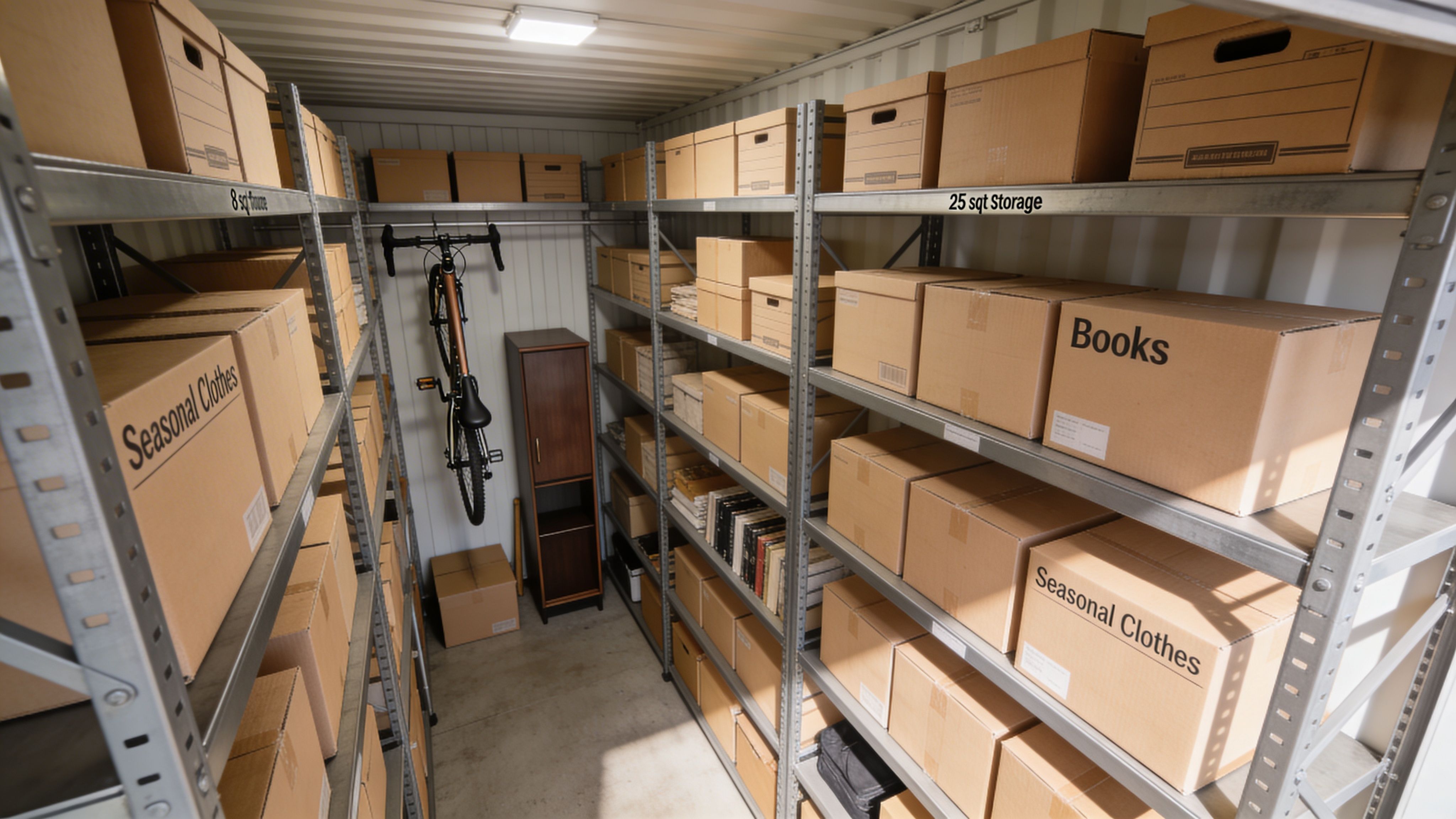 Storage container interior with metal shelving units filled with labeled cardboard boxes and a bicycle hanging.