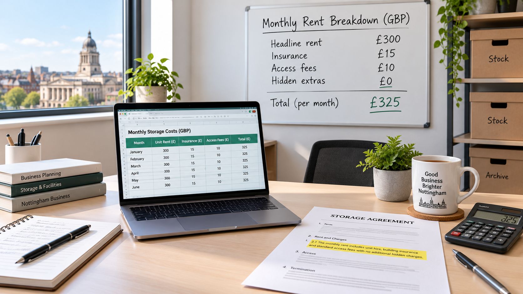 A professional office desk setup featuring a laptop with financial spreadsheets, storage agreement documents, and a monthly budget whiteboard.