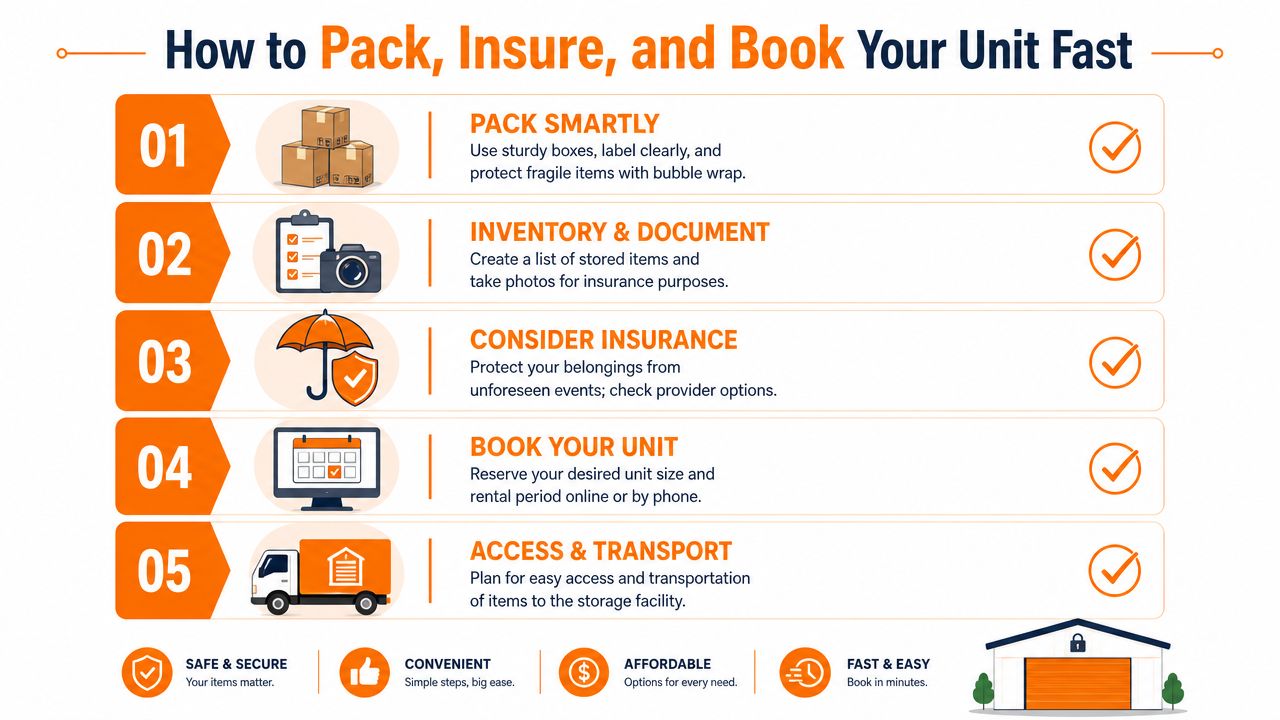 An infographic showing five easy steps to pack, insure, and book a short-term storage unit.