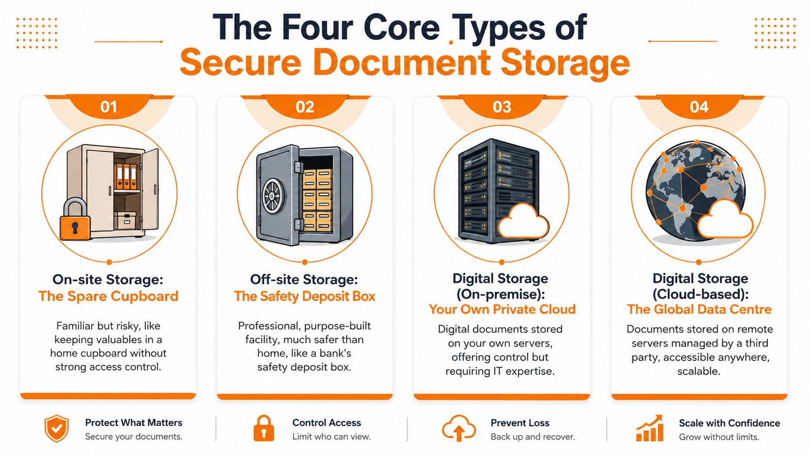 An infographic showing four core types of secure document storage, including physical storage and cloud-based digital solutions.