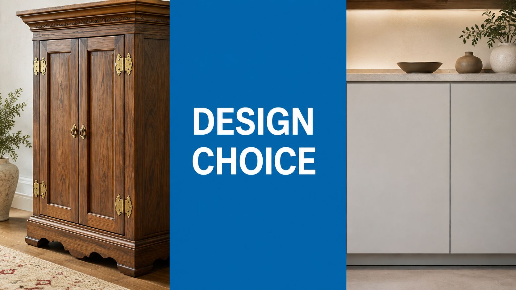 A split-screen comparison showing traditional wood cabinet brass hinges versus modern handleless minimalist kitchen cabinet design.