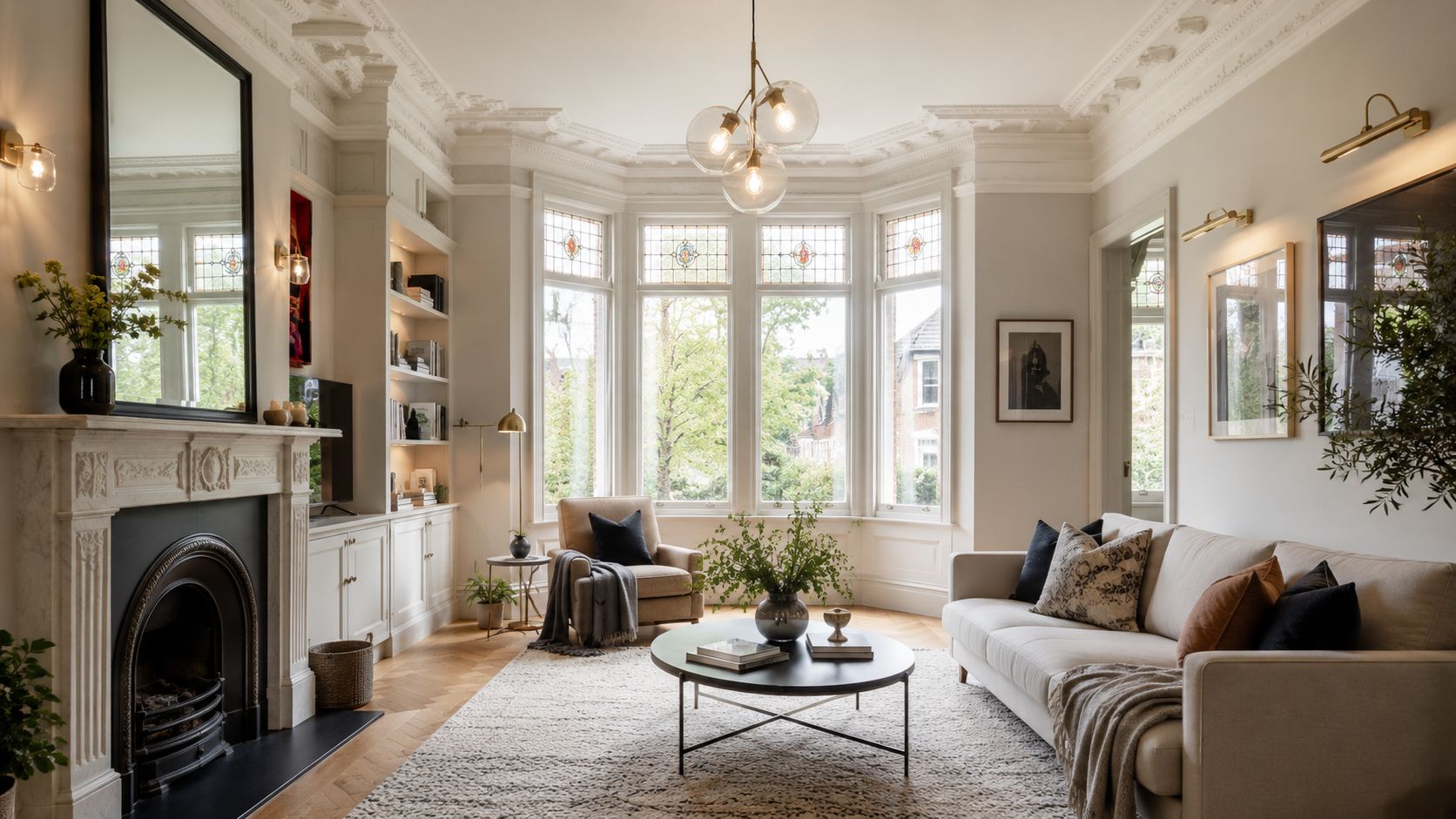 A bright and elegant Edwardian living room featuring a bay window, marble fireplace, and stylish neutral furniture.