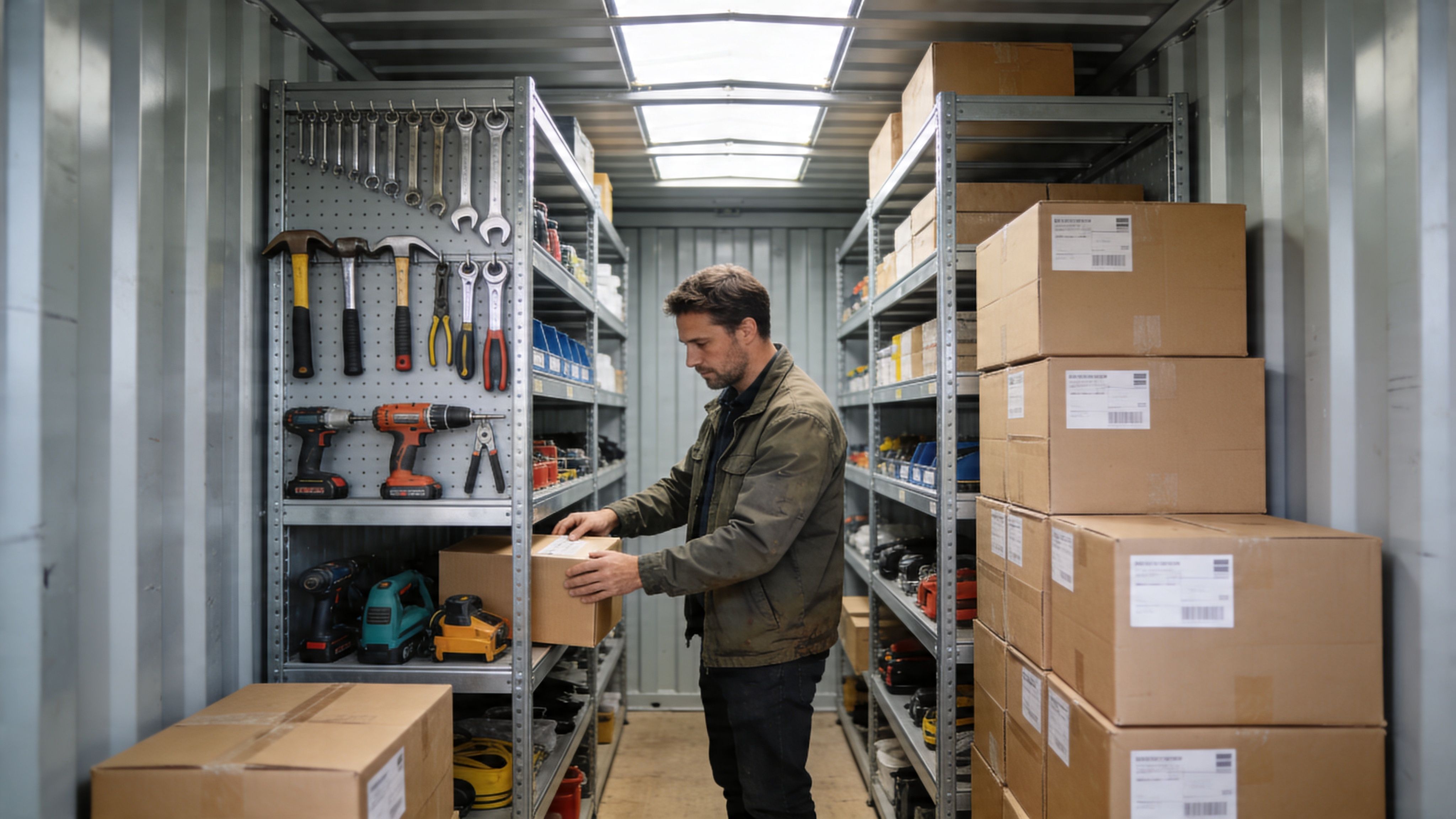 A man organizing boxes on shelving units inside a warehouse shipping container workspace in Nottingham.