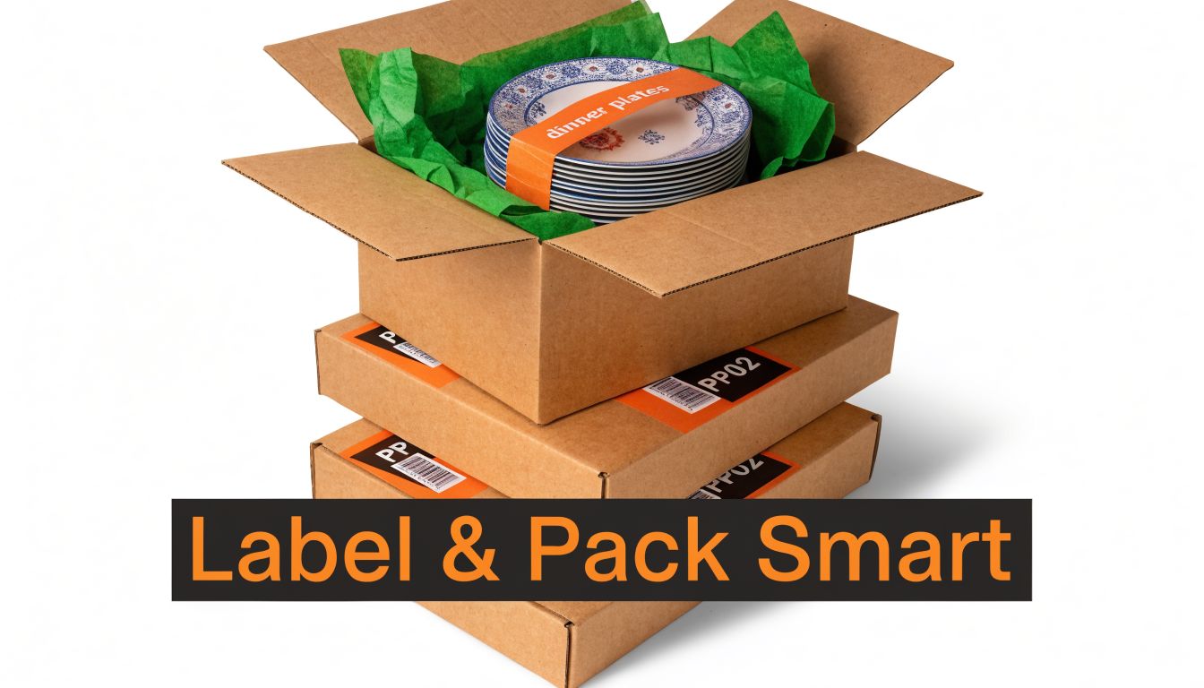 A stack of cardboard shipping boxes with green tissue paper and a stack of dinner plates.