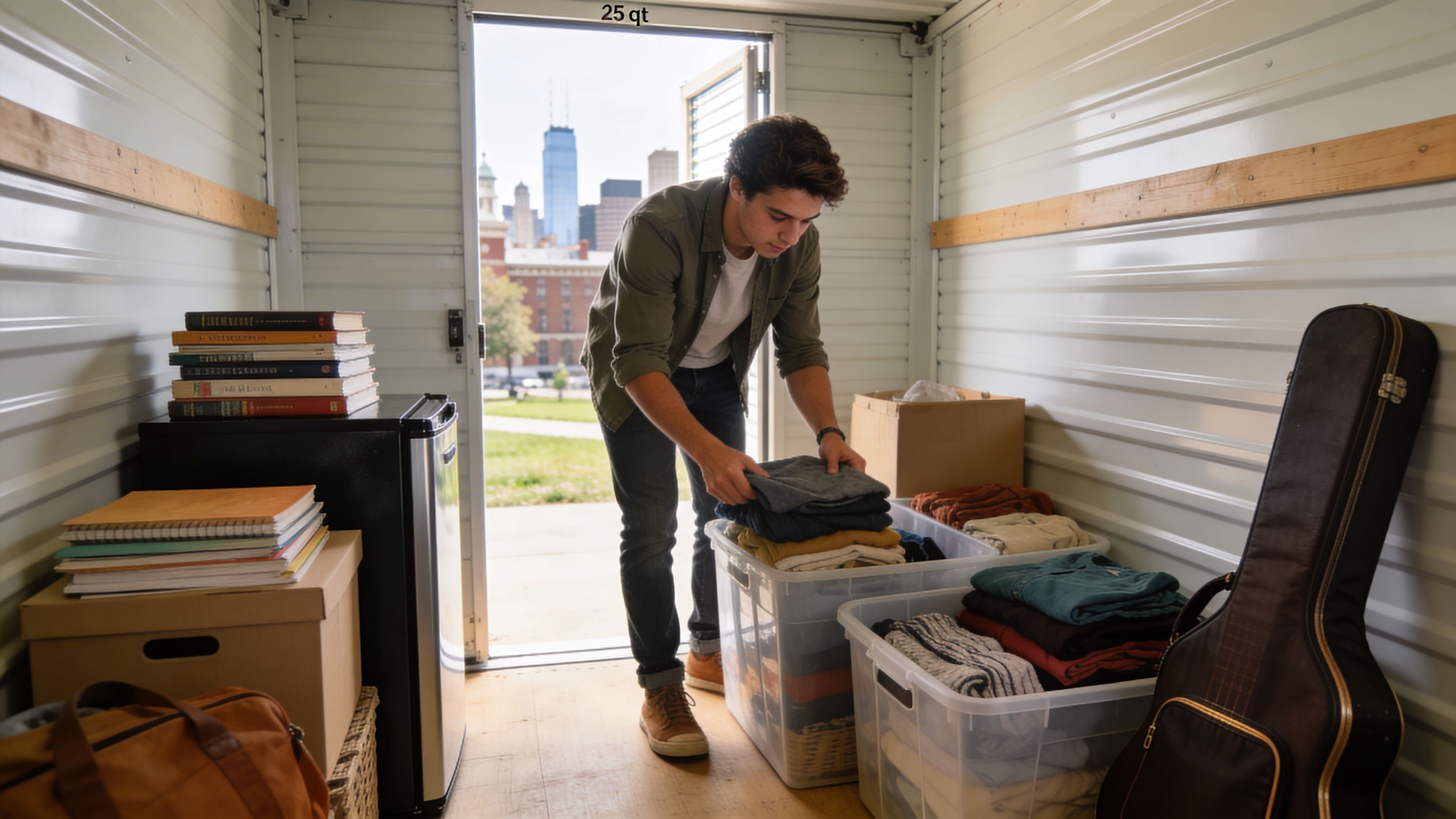 A young man organizing clothes into a clear plastic bin inside a small storage unit.